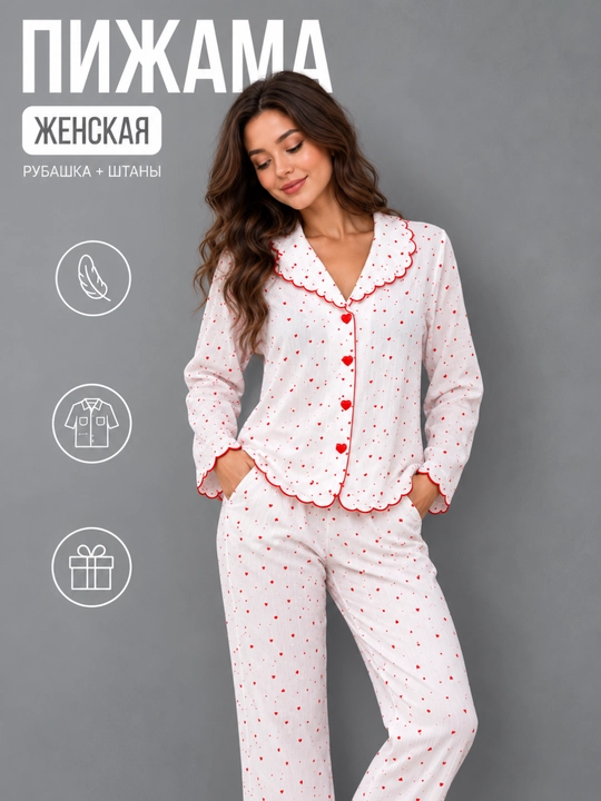 Ayollar uchun ikki qismli pijama, yurakchali uzun yengli kofta va shim, RAZMER; M–L-XL-XXL