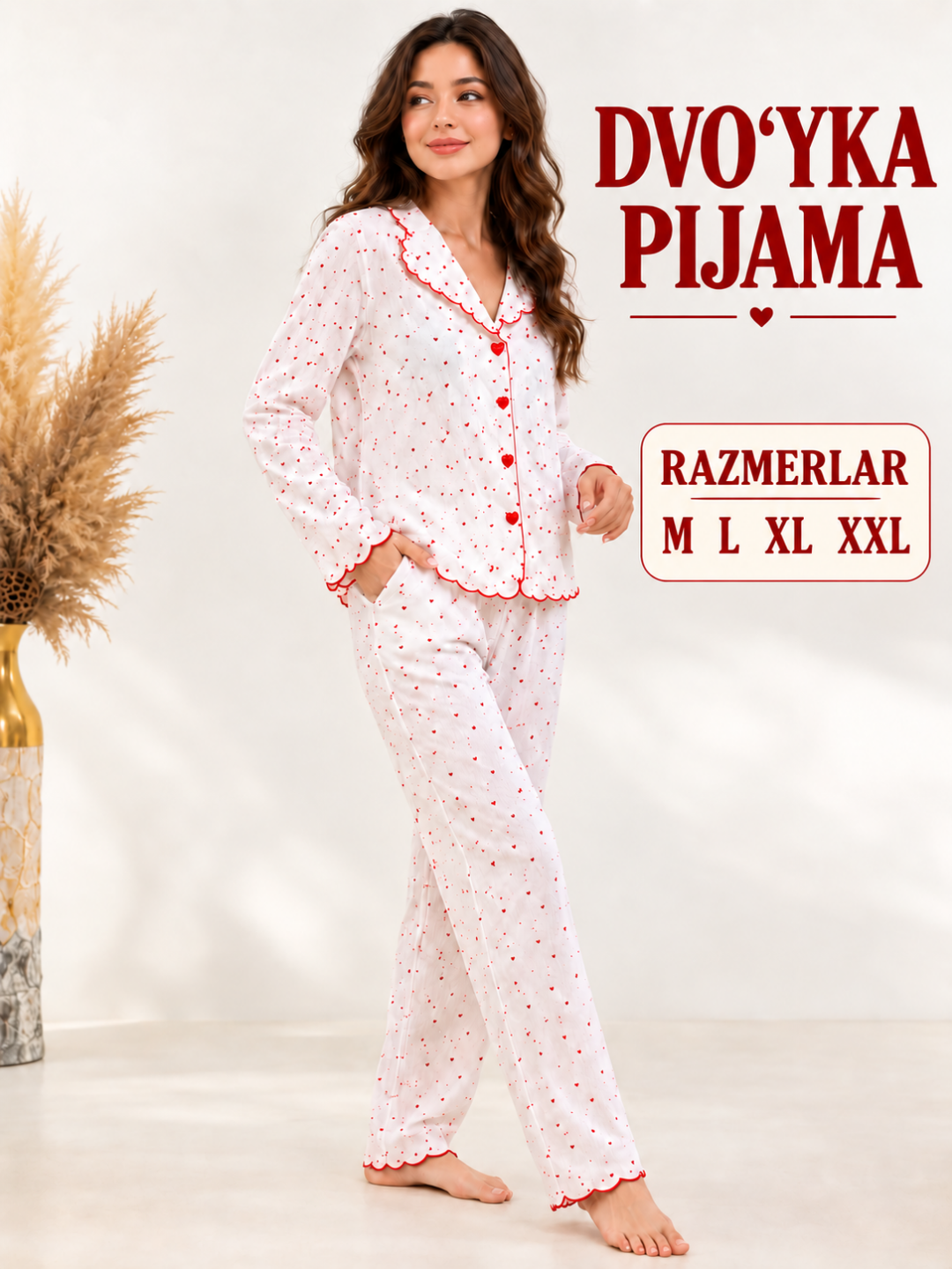 Ayollar uchun ikki qismli pijama, yurakchali uzun yengli kofta va shim, RAZMER; M–L-XL-XXL - 