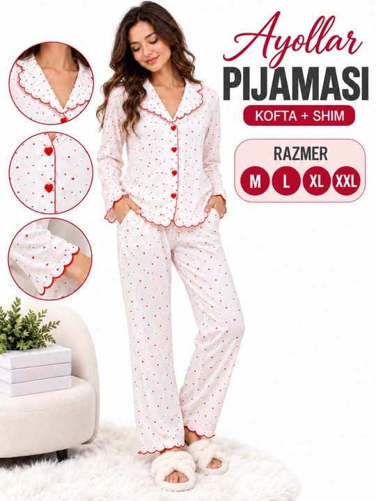 Ayollar uchun ikki qismli pijama, yurakchali uzun yengli kofta va shim, RAZMER; M–L-XL-XXL