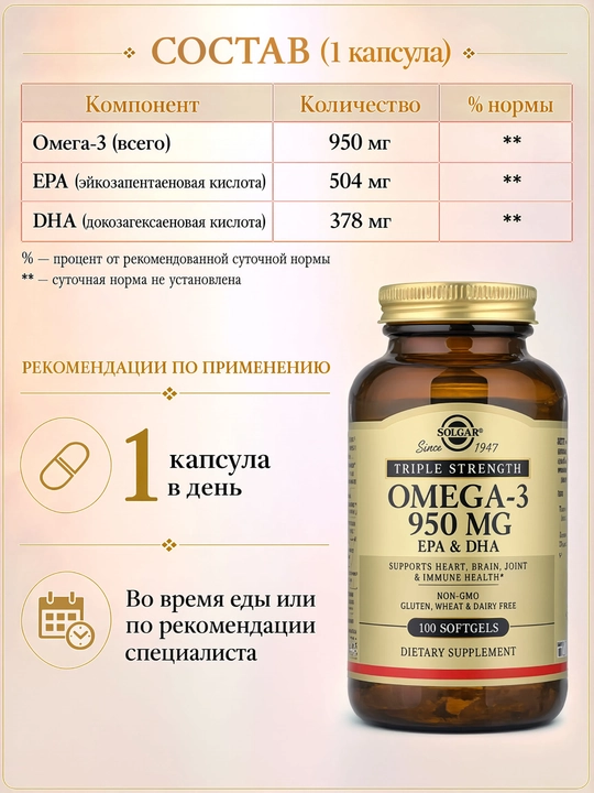 SOLGAR Омега-3 Triple Strength 950 мг, ЭПК и ДГК, Омега-3 для сердца и мозга, 100 капсул