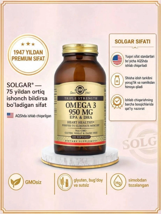 SOLGAR Omega-3 Triple Strength 950 mg, EPA va DHA, yurak va miya uchun Omega-3 100 kapsula - 