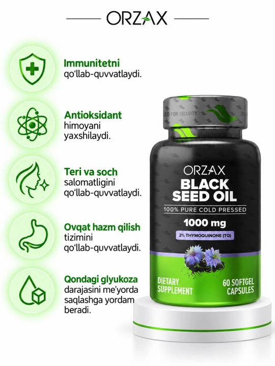 Orzax Black Seed Oil — qora sedana yog‘i 1000 mg, immunitet uchun, №60/90, Halol