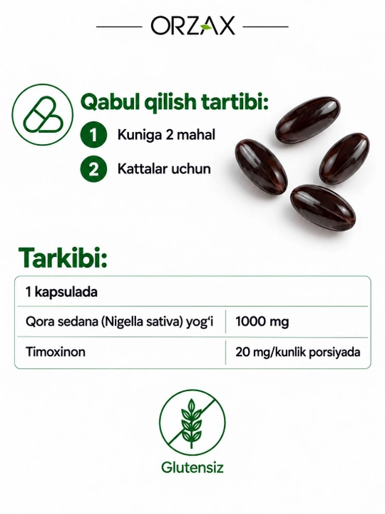 Orzax Black Seed Oil — qora sedana yog‘i 1000 mg, immunitet uchun, №60/90, Halol