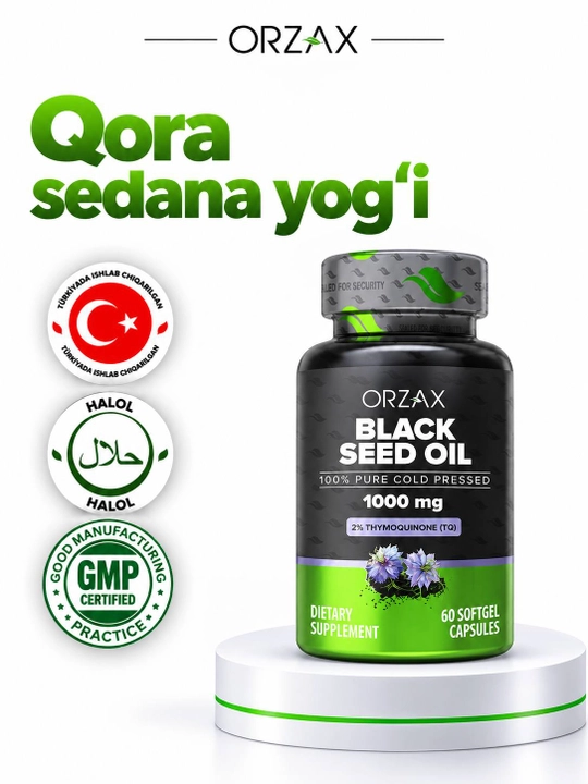 Orzax Black Seed Oil — qora sedana yog‘i 1000 mg, immunitet uchun, №60/90, Halol - 