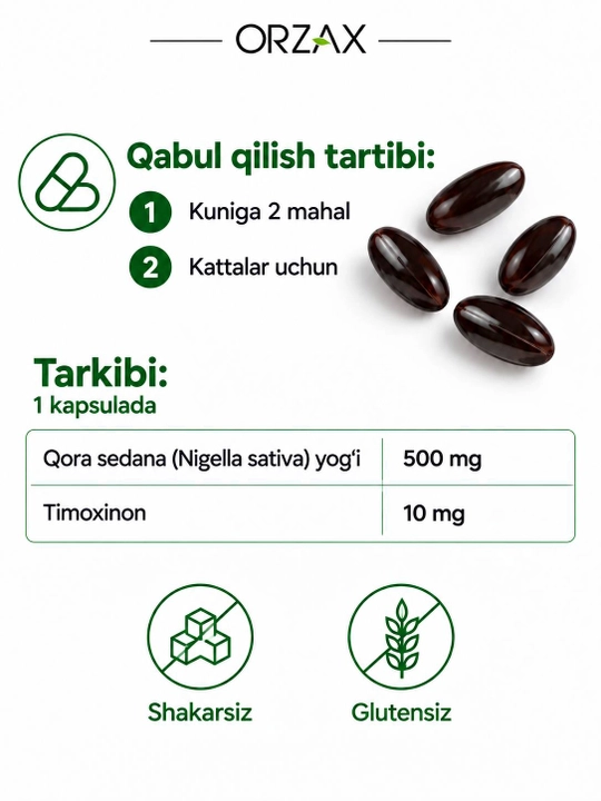 Orzax Black Seed Oil — qora sedana yog‘i 500 mg, immunitet uchun, Halol