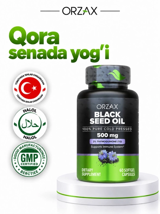 Orzax Black Seed Oil — qora sedana yog‘i 500 mg, immunitet uchun, Halol - 