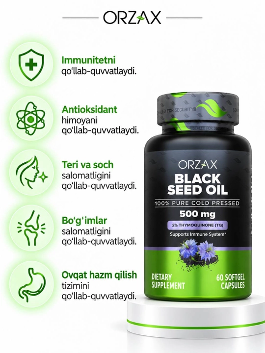 Orzax Black Seed Oil — qora sedana yog‘i 500 mg, immunitet uchun, Halol