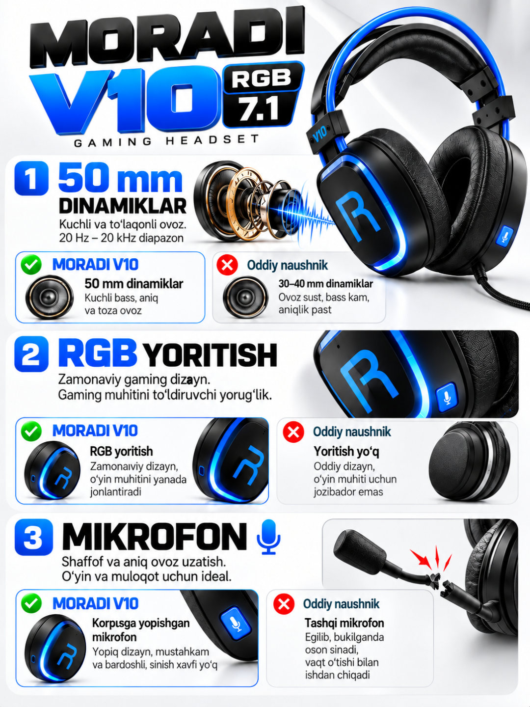 Quloqchin, MORADI V10 RGB kompyuter o‘yin quloqchini, USB 7.1, 50 mm dinamik, mikrofonli