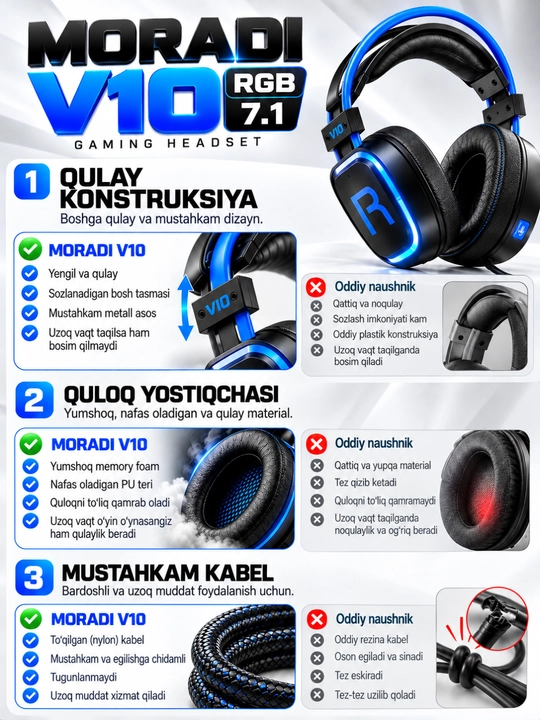 Quloqchin, MORADI V10 RGB kompyuter o‘yin quloqchini, USB 7.1, 50 mm dinamik, mikrofonli