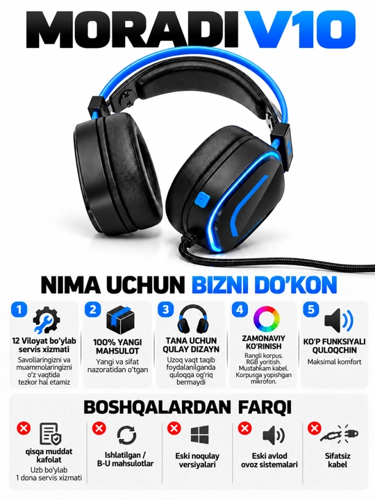 Quloqchin, MORADI V10 RGB kompyuter o‘yin quloqchini, USB 7.1, 50 mm dinamik, mikrofonli