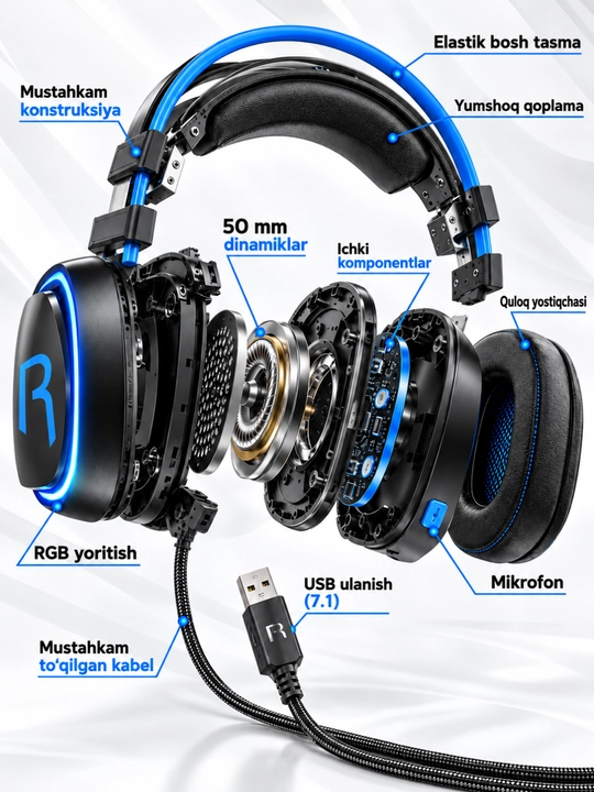 Quloqchin, MORADI V10 RGB kompyuter o‘yin quloqchini, USB 7.1, 50 mm dinamik, mikrofonli