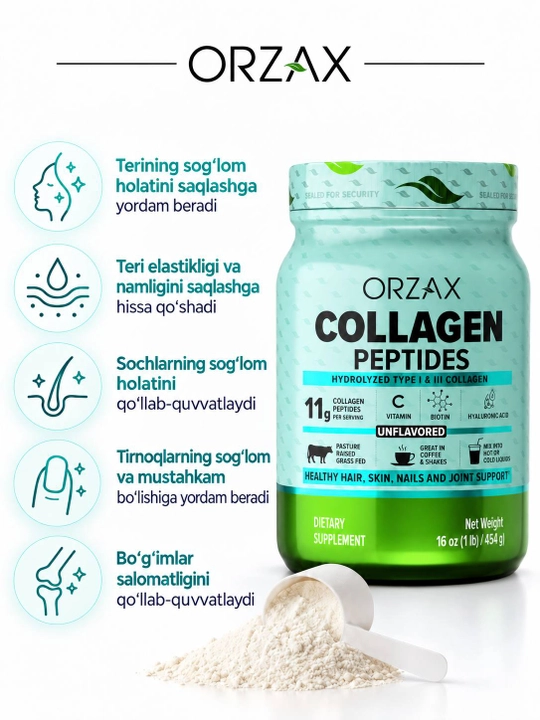 Orzax Collagen Peptides — гидролизованный коллаген I и III типа для кожи и суставов Халяль