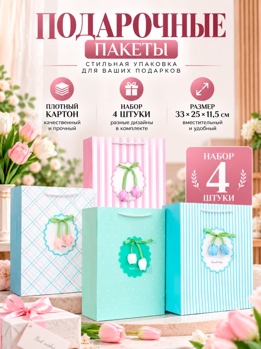 Sovg‘a paketlari to‘plami — 4 dona, qalin karton, o‘lchami 33 × 25 × 11,5 sm - 