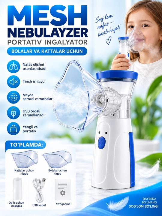 Portativ mesh nebulayzer, portativ ingalyator, bolalar va kattalar uchun inhalyator