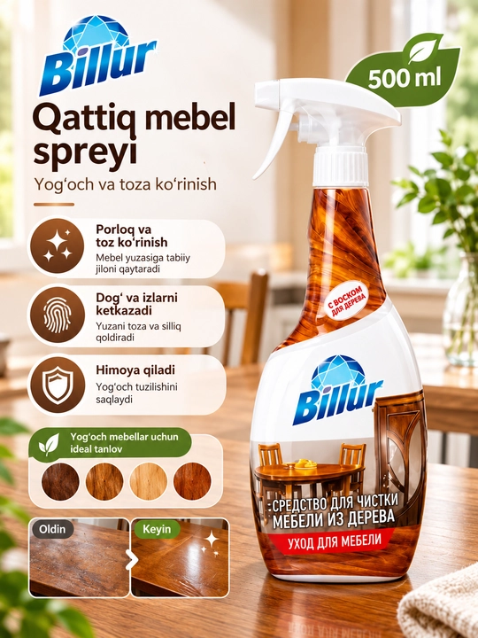 Mebel tozalash vositasi, yog‘och uchun spreyi, kir ketkazuvchi, 500 ml - 