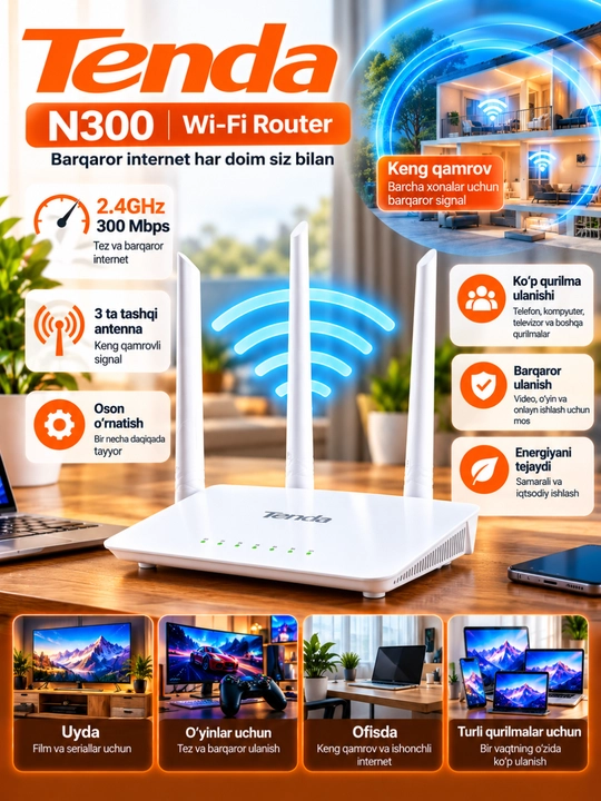 Tenda F3 N300 Wi-Fi роутер, 3 антенны, 300 Мбит/с для дома и офиса