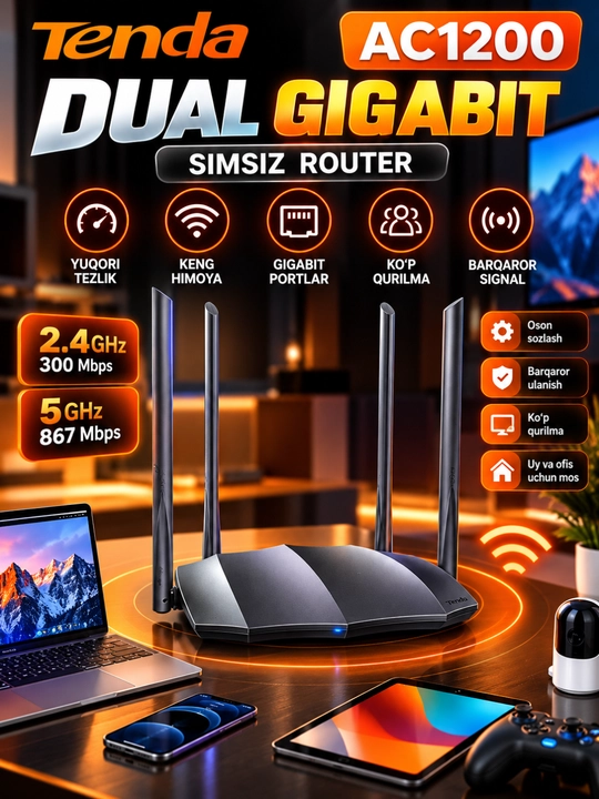 Tenda F3 N300 Wi-Fi Router, 3 Antennali, 300 Mbps, Uy va Ofis uchun - 