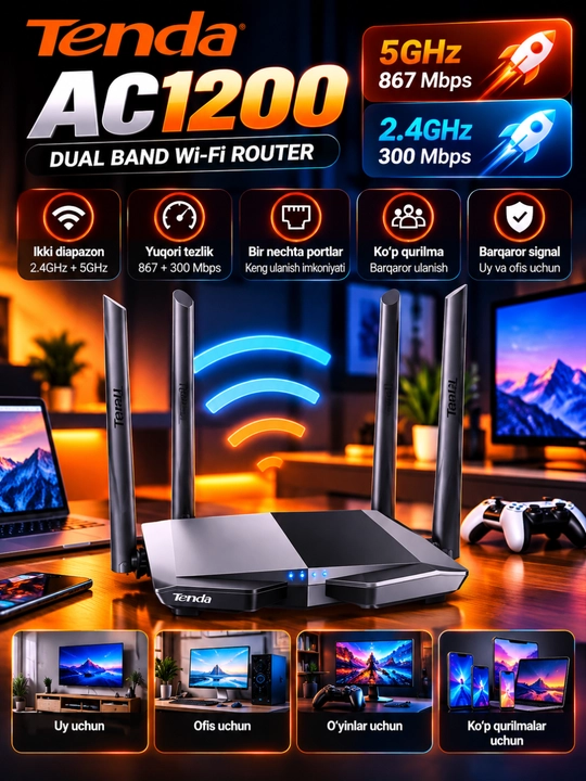 Tenda F3 N300 Wi-Fi Router, 3 Antennali, 300 Mbps, Uy va Ofis uchun - 