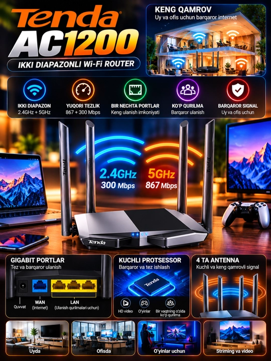 Tenda F3 N300 Wi-Fi Router, 3 Antennali, 300 Mbps, Uy va Ofis uchun