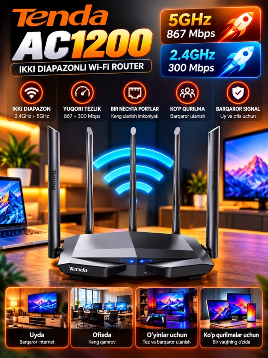 Tenda F3 N300 Wi-Fi Router, 3 Antennali, 300 Mbps, Uy va Ofis uchun - 
