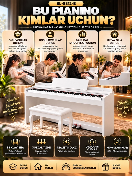 BL-8817-B raqamli pianino, 88 ta vaznli klavish va 3 pedal