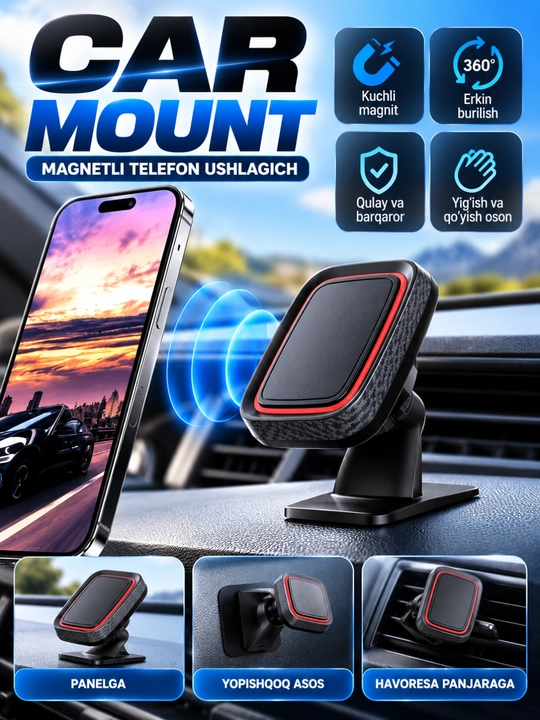 Avtomobil uchun Magnit Telefon Tutqich, 360° Buriluvchi, Panel va Havo Panjarasi uchun - 