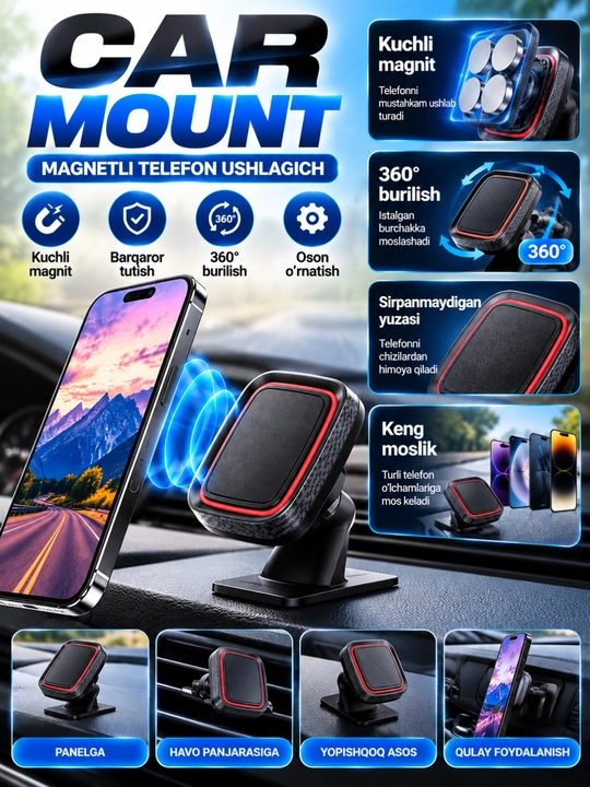 Avtomobil uchun Magnit Telefon Tutqich, 360° Buriluvchi, Panel va Havo Panjarasi uchun