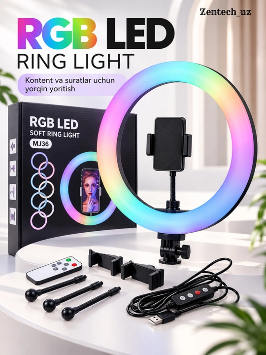 RGB LED Ring Light MJ36, цветная лампа с держателем для телефона, фото, видео и контента - 