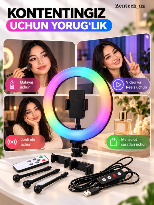 RGB LED Ring Light MJ36, цветная лампа с держателем для телефона, фото, видео и контента