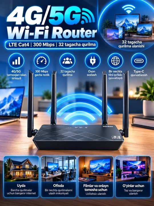 4G/5G Wi-Fi Router, LTE Cat4, 300 Mbps, 4 Antennali, 32 Qurilmaga - 