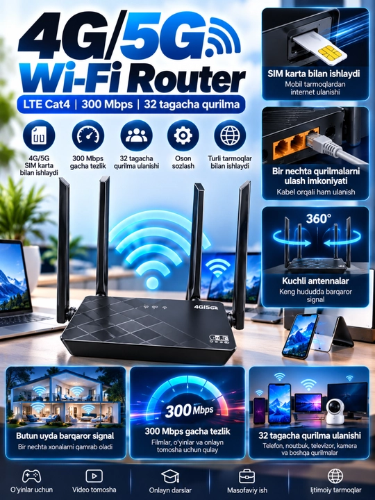 4G/5G Wi-Fi Router, LTE Cat4, 300 Mbps, 4 Antennali, 32 Qurilmaga