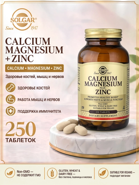 SOLGAR Calcium Magnesium Zinc, suyaklar va mushaklar uchun mineral kompleksi, 250 tabletka - 
