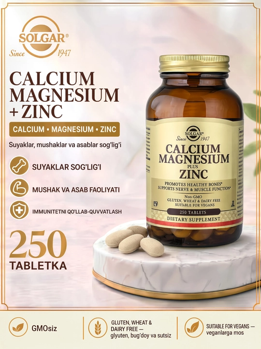 SOLGAR Calcium Magnesium Zinc, suyaklar va mushaklar uchun mineral kompleksi, 250 tabletka