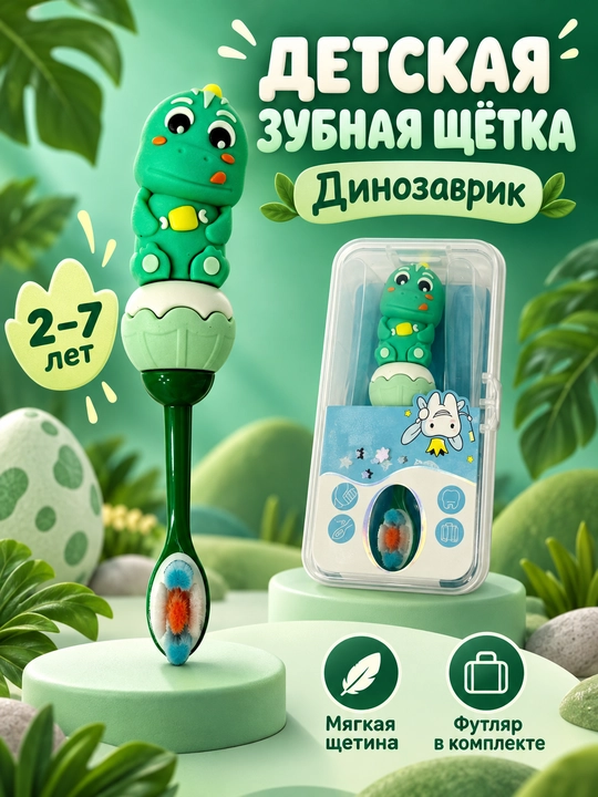 Bolalar tish cho‘tkasi Dinozavrcha, yumshoq tukli, futlyar bilan, 2–7 yosh - 