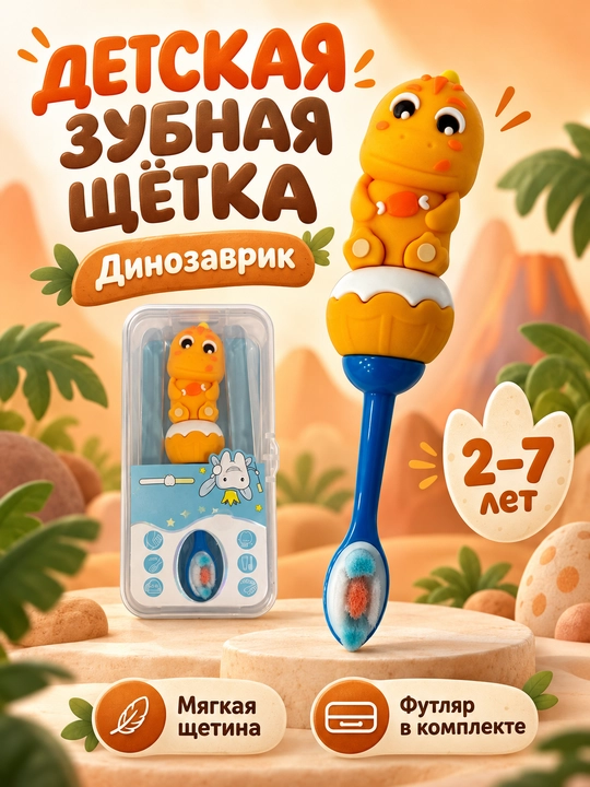 Bolalar tish cho‘tkasi Dinozavrcha, yumshoq tukli, futlyar bilan, 2–7 yosh - 