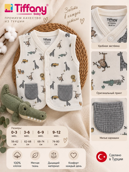 Детский жилет Tiffany Baby Animals с карманами - 