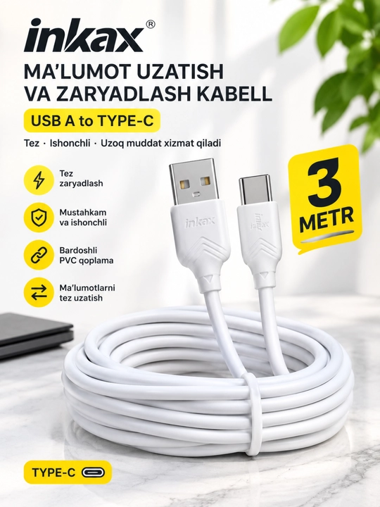 Кабель Inkax CB-46 USB-A – Type-C для зарядки и передачи данных, 3 м, 3.1A - 