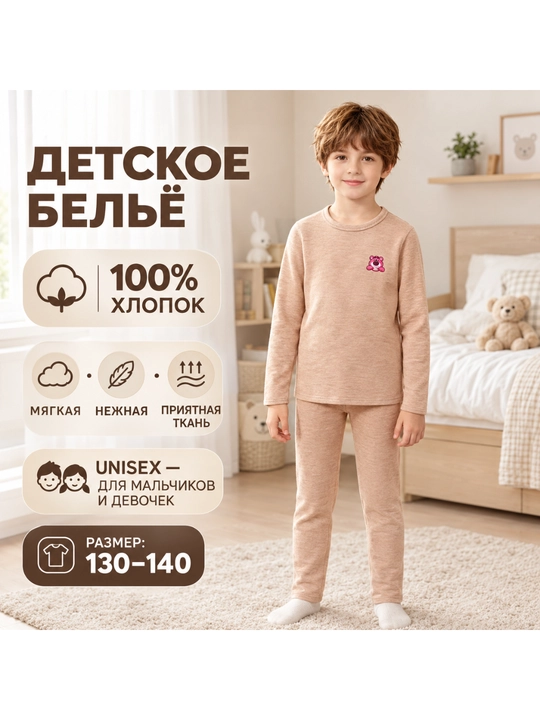 Детское бельё 100% хлопок, мягкий термокомплект, унисекс, размер 130–140 - 