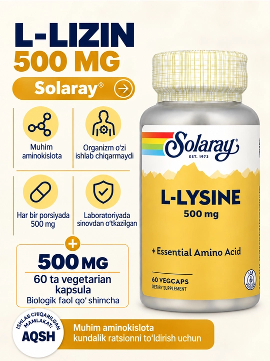 L-Lizin, Solaray, 500 mg, 60 kapsula - 
