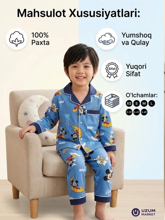 Bolalar uchun 100% paxtali Mikki Maus pijamasi o‘g‘il bolalar uchun 2–7 yosh