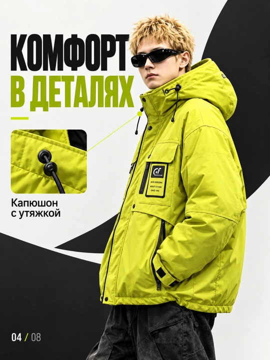 Куртка мужская с утиным пухом в корейском стиле лёгкая утеплённая капюшоном крой свободный