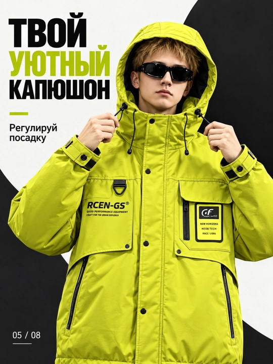 Куртка мужская с утиным пухом в корейском стиле лёгкая утеплённая капюшоном крой свободный