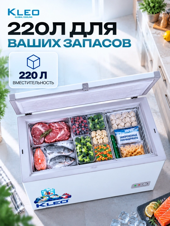 Muzlatgich Kleo KDF 300, 220 litr, -23C gacha, energiya samaradorligi yuqori morozilnik