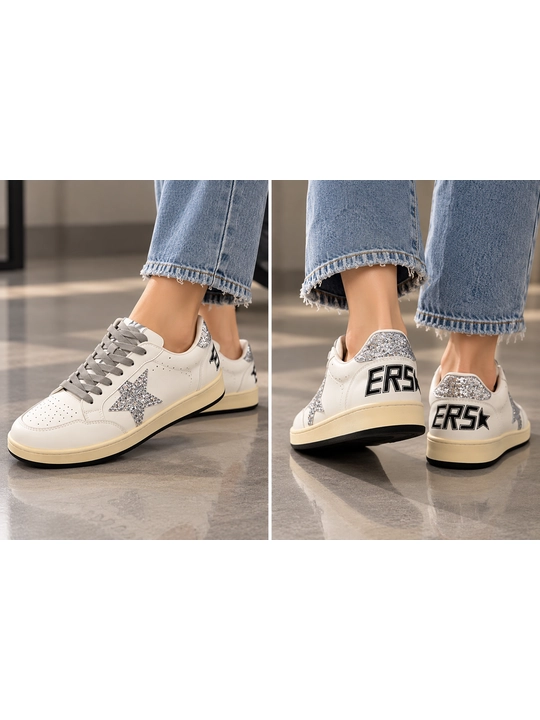 Женские кроссовки в стиле Golden Goose, белые с серой звездой и шнуровкой