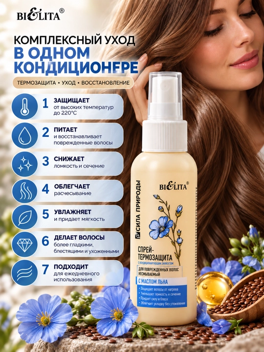 Shikastlangan sochlar uchun zig'ir urug'i yog'i qo'shilgan Power of Nature termal himoya spreyi, 100 ml