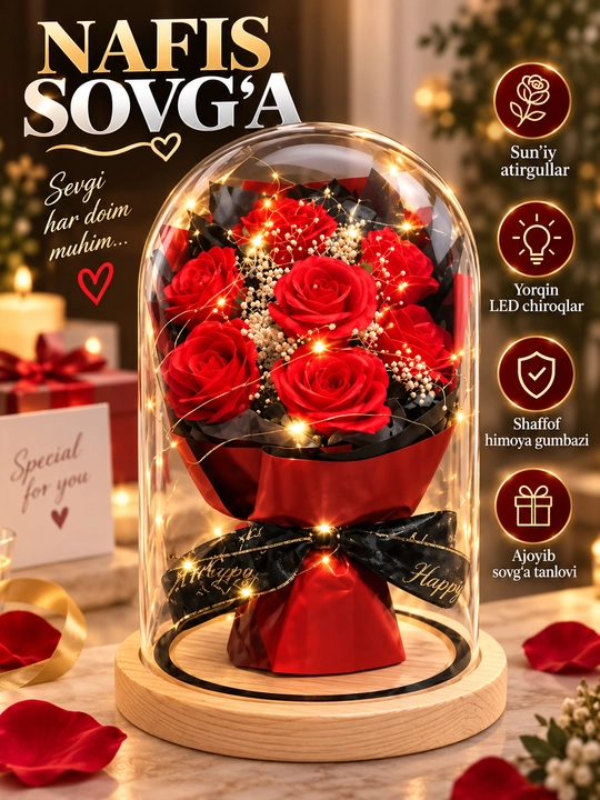 LED yoritgichli shisha gumbaz ostidagi sun’iy atirgullar - romantik sovg‘a - 