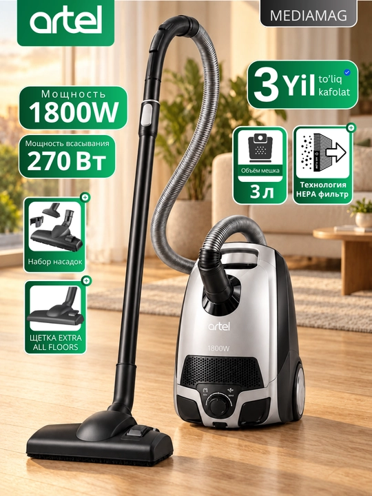 Artel B11 1800 Vt quvvatli kuchli changyutgich, HEPA filtri, 3 litrlik qop, Turbo Brush, 3 yillik kafolat - 