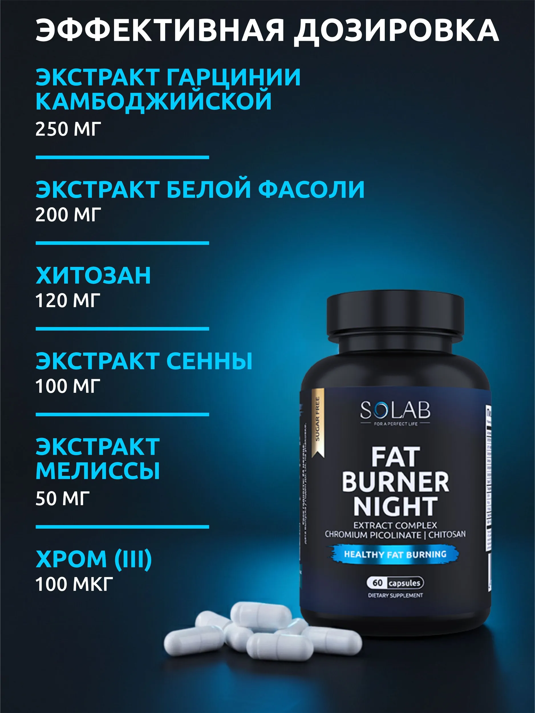 Ночной жиросжигатель Fat Burner Night, SOLAB, 60 капсул