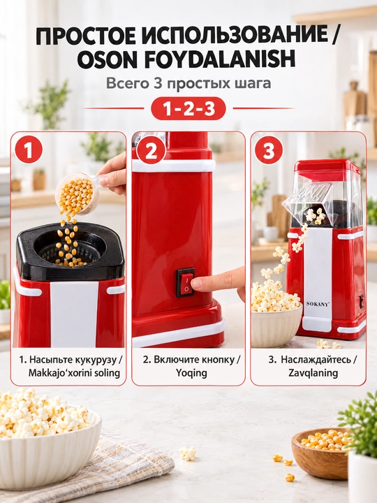 Попкорн машина SOKANY SK-291, 1200 Вт, без масла, прозрачная крышка и мерный стакан