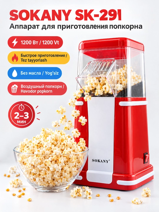 Попкорн машина SOKANY SK-291, 1200 Вт, без масла, прозрачная крышка и мерный стакан - 